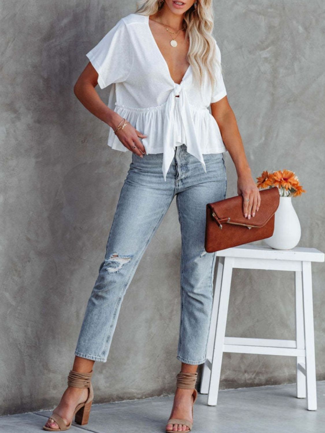 Tied Plunge Short Sleeve Blouse