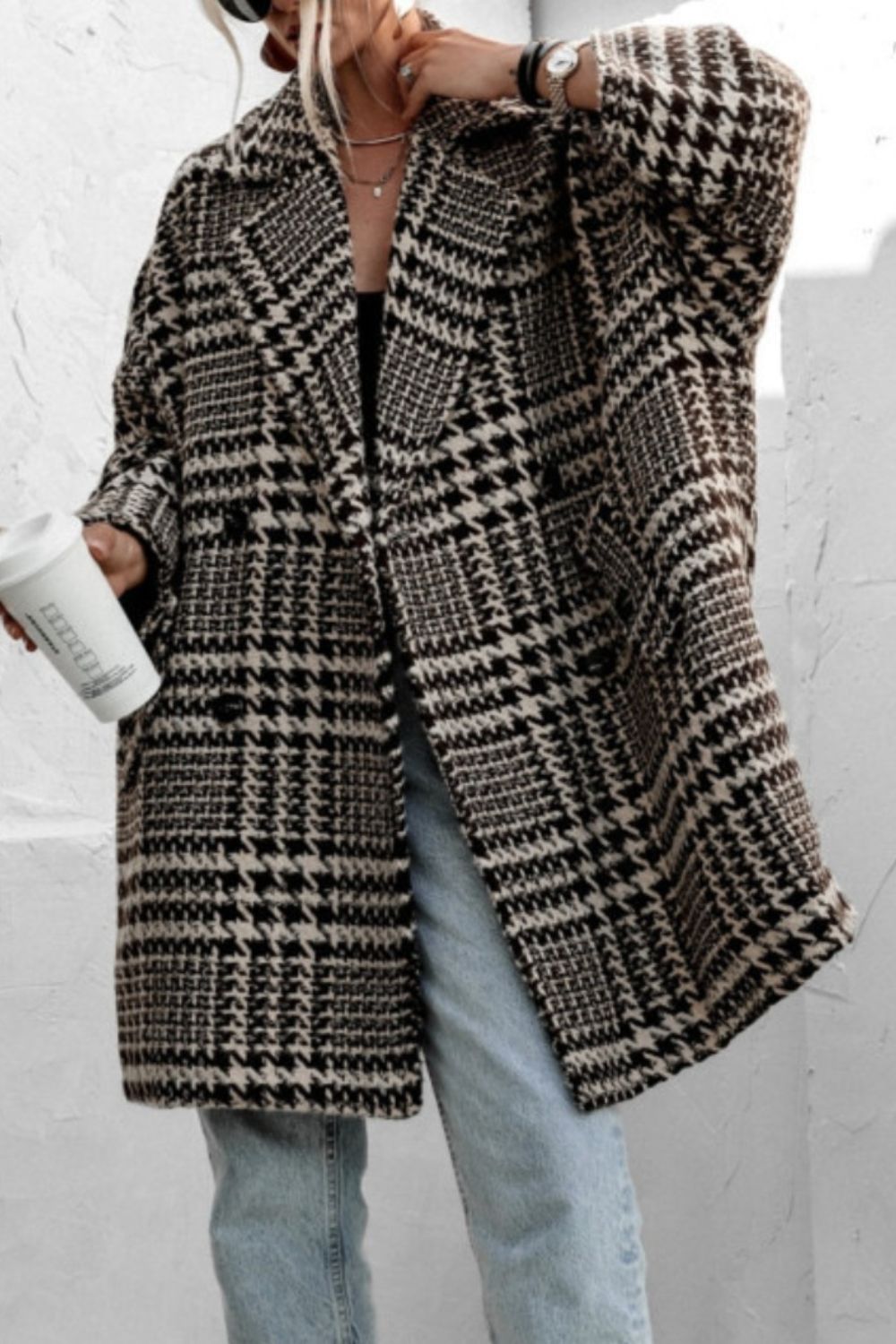 Houndstooth Collared Neck Long Sleeve Coat with Pockets