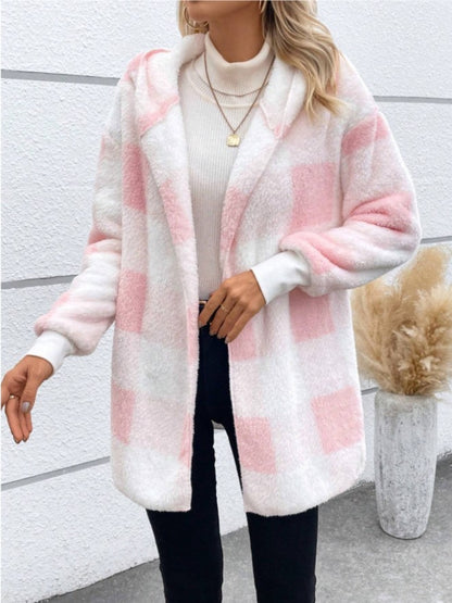 Plaid Long Sleeve Hooded Coat