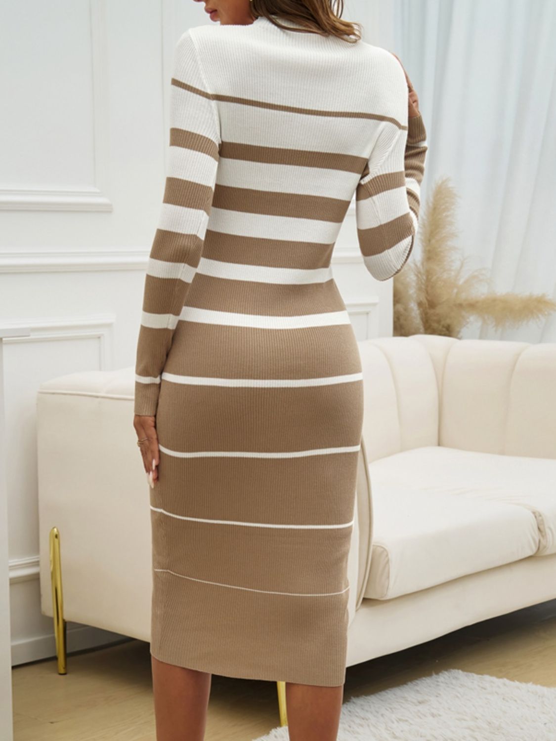 Color Block Round Neck Long Sleeve Midi Dress