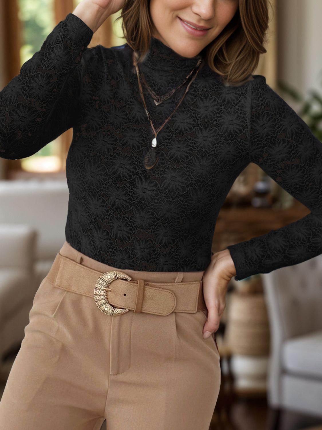 Lace Mock Neck Long Sleeve T-Shirt