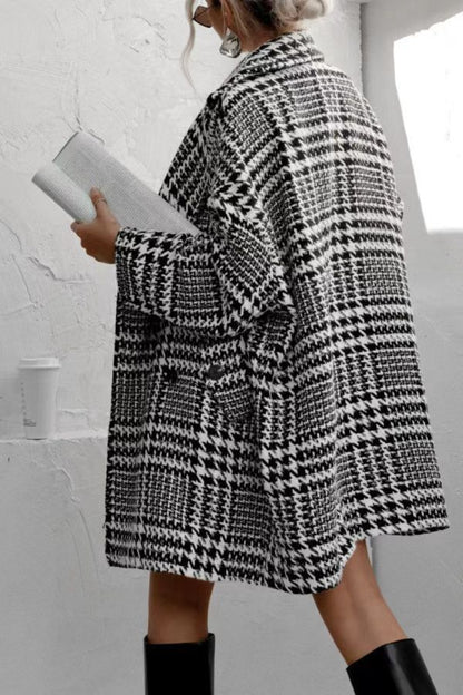 Houndstooth Collared Neck Long Sleeve Coat with Pockets