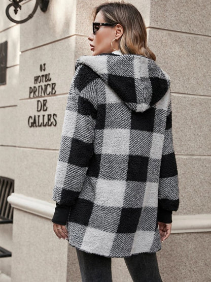 Plaid Long Sleeve Hooded Coat