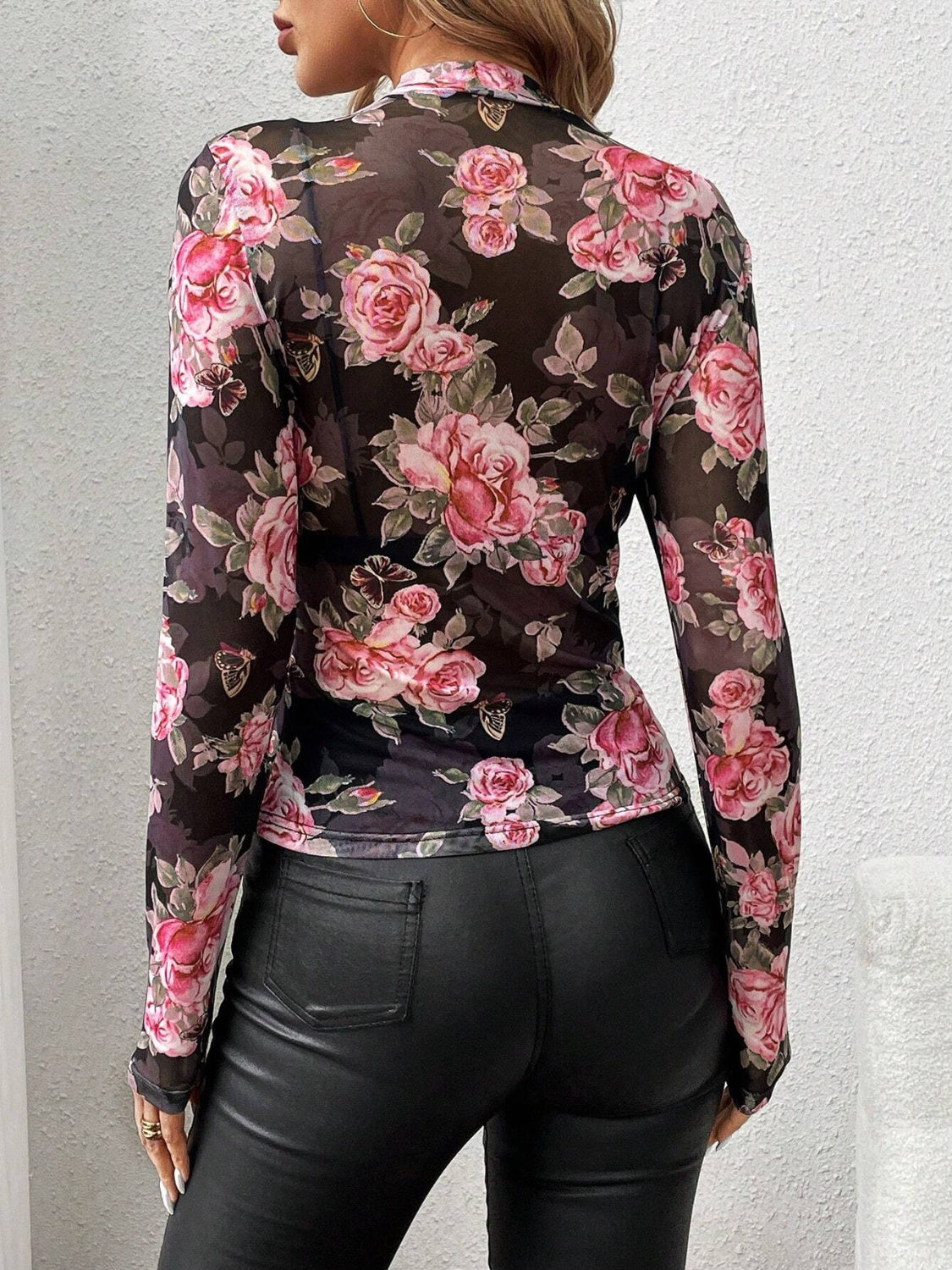 Mesh Floral Mock Neck Long Sleeve Top