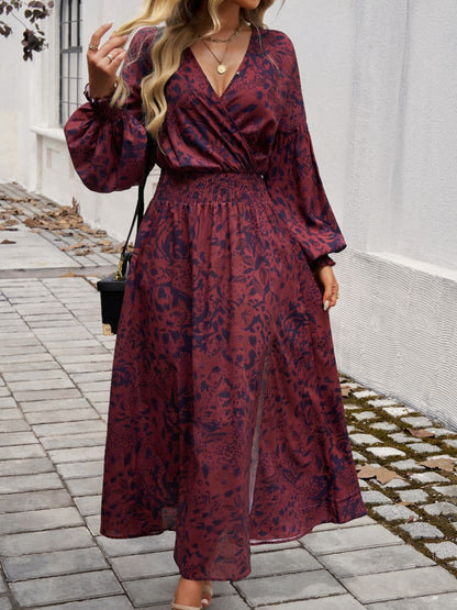 Devine Split Printed Surplice Long Sleeve Midi Dress