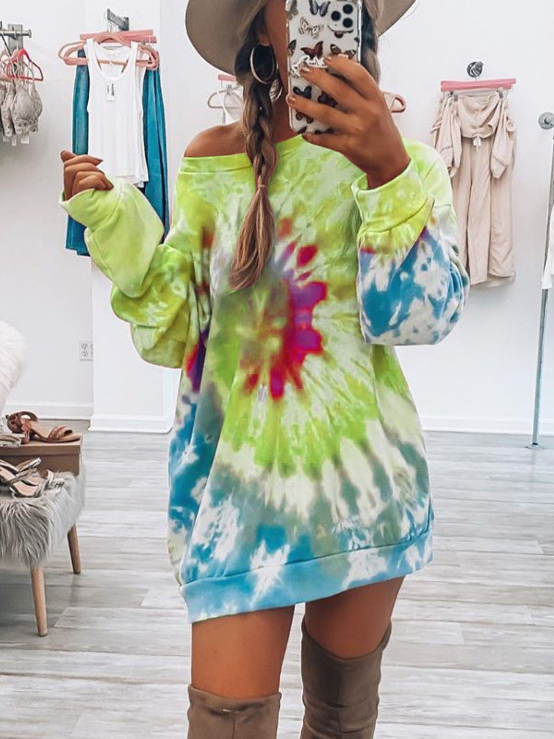 Full Size Tie-Dye Round Neck Long Sleeve Dress