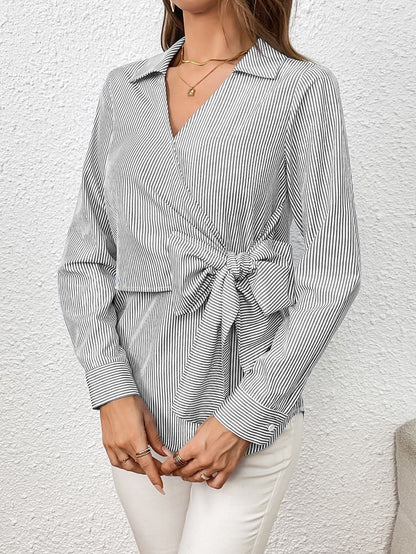 Ivy Lane Bow Tie Waist Johnny Collar Neck Striped Blouse