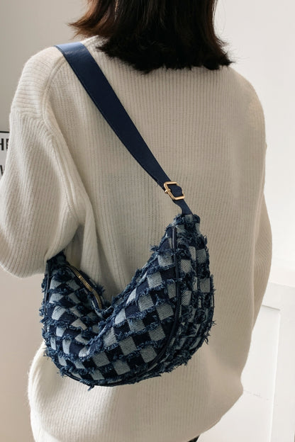 Raw Hem Checkered Denim Crossbody Bag