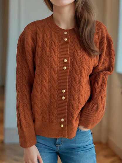 Cable-Knit Round Neck Long Sleeve Cardigan