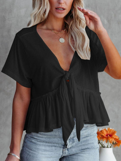 Tied Plunge Short Sleeve Blouse