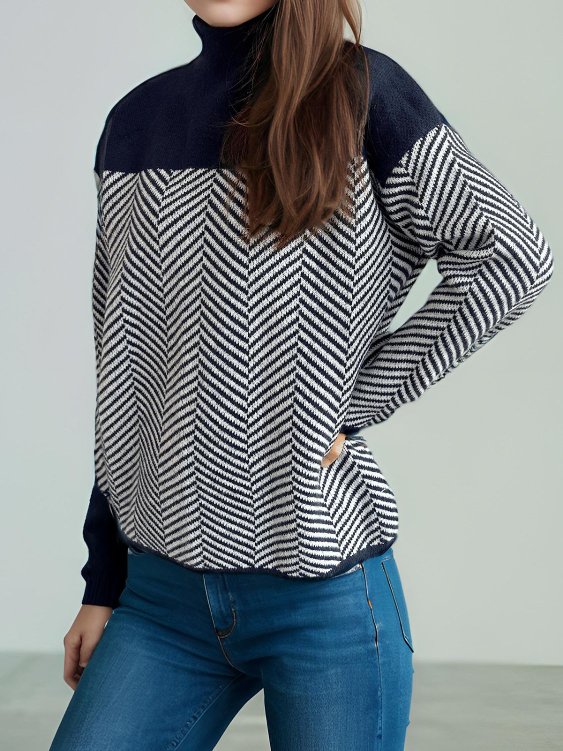 Contrast Turtleneck Long Sleeve Sweater