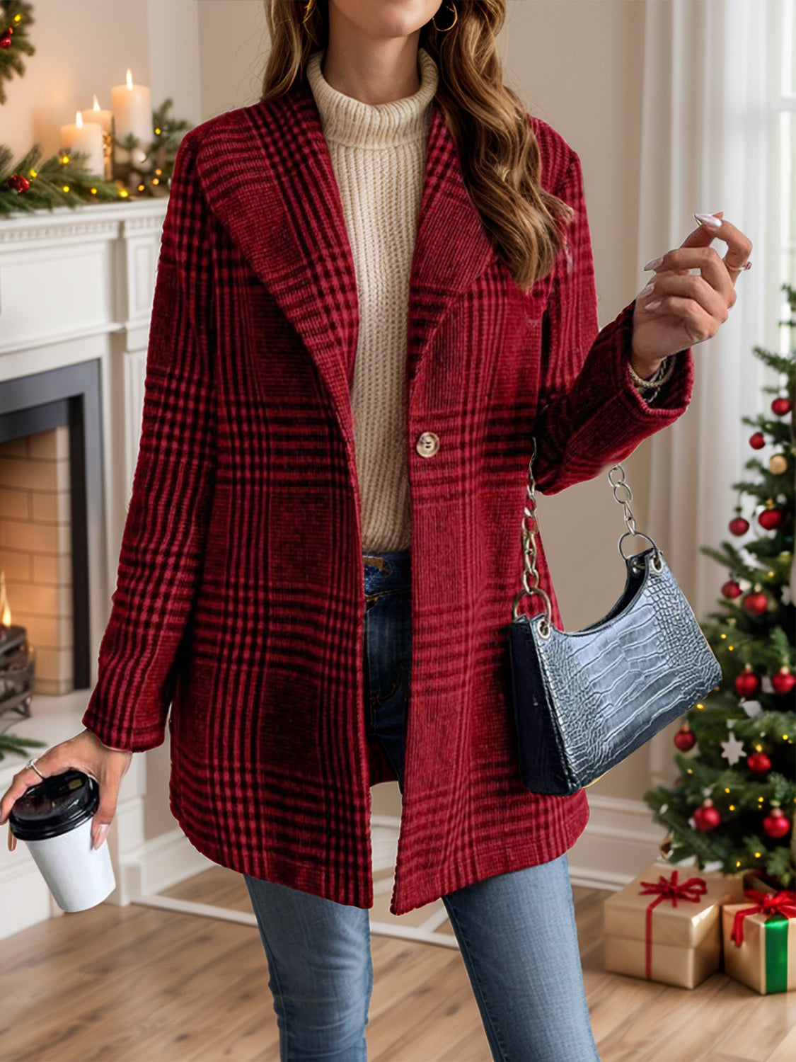 Plaid Collared Neck Long Sleeve Jacket