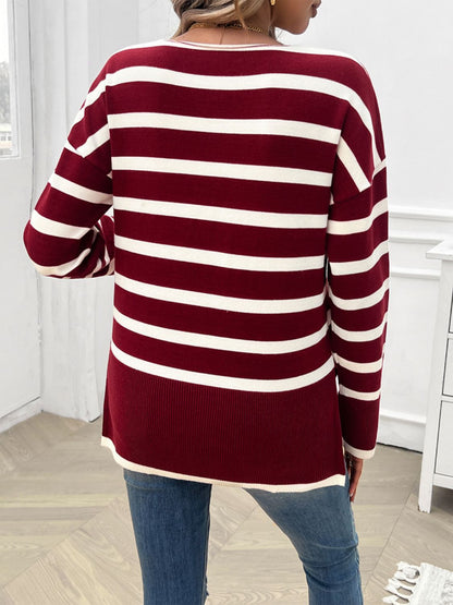 Devine Striped V-Neck Long Sleeve Knit Top