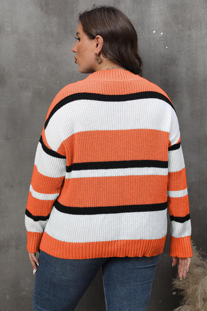 Plus Size Striped V-Neck Dropped Shoulder Sweater