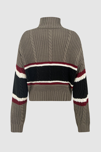 Cable-Knit Striped Quarter Zip Turtleneck Sweater