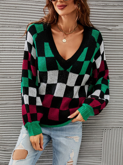 Angel Wings Checkered V-Neck Lantern Sleeve Sweater