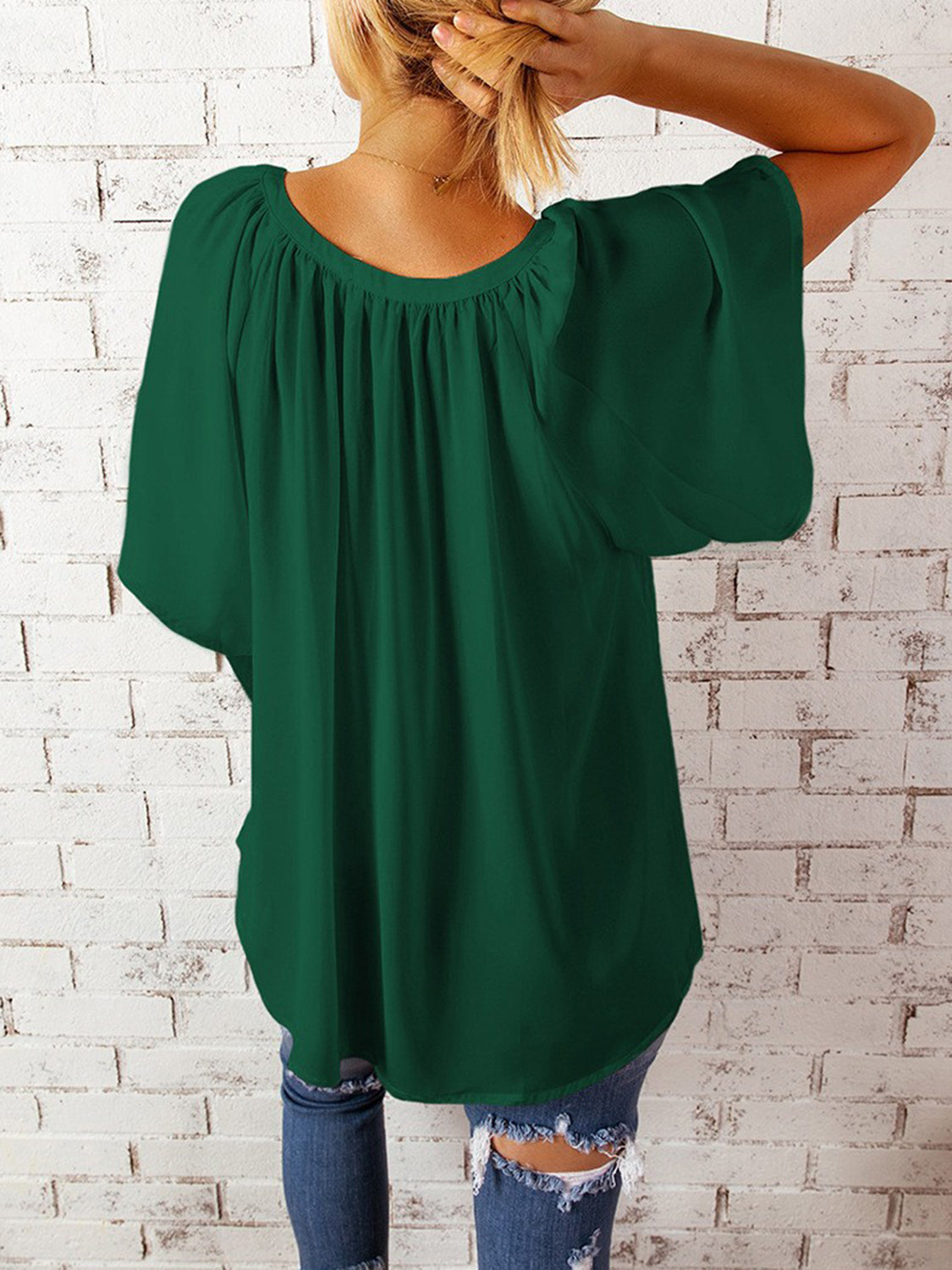 Ruched Notched Half Sleeve Blouse