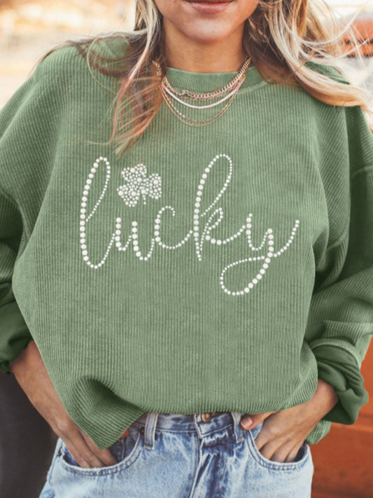 LUCKY Rhinestone Round Neck Long Sleeve Sweatshirt