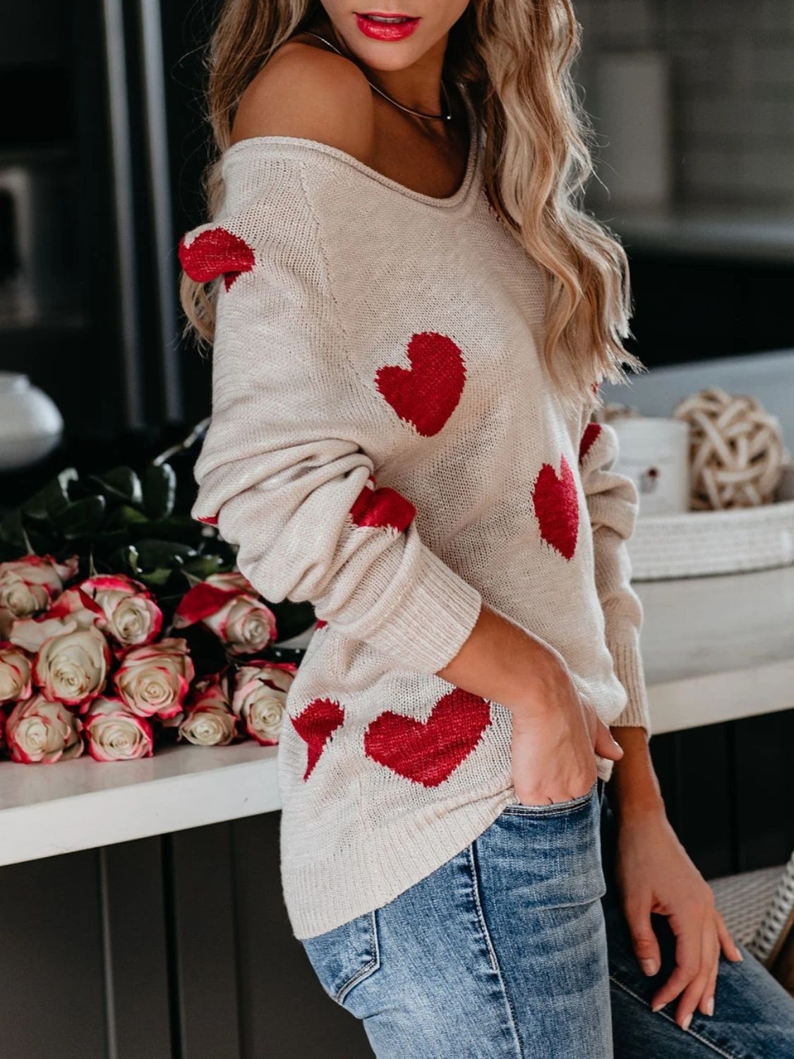 Heart Scoop Neck Long Sleeve Sweater