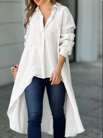 Full Size High-Low Collared Neck Long Sleeve Shirt