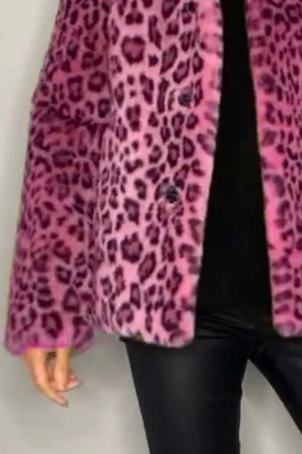 Full Size Leopard Furry Collared Neck Long Sleeve Coat