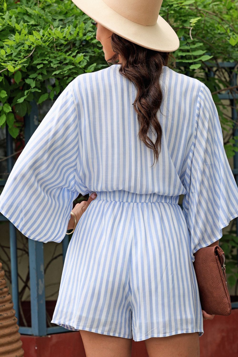 Bow Striped Kimono Sleeve Romper