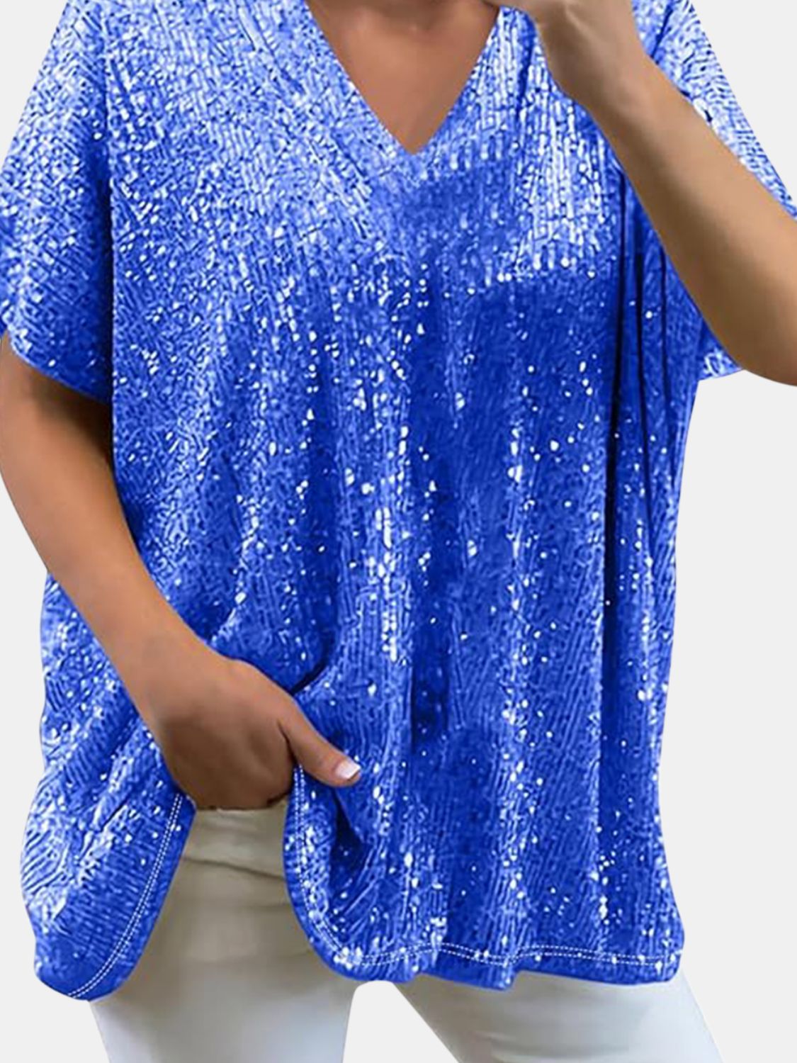 Full Size Sequin V-Neck Short Sleeve Top