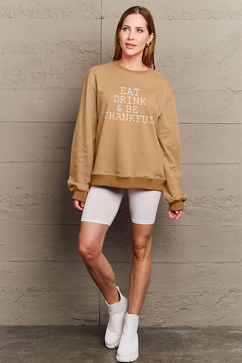 Simply Love Full Size EAT DRINK & BE THANKFUL Round Neck Sweatshirt