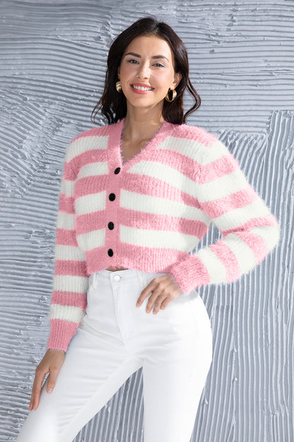 Striped Button Up Cropped Cardigan