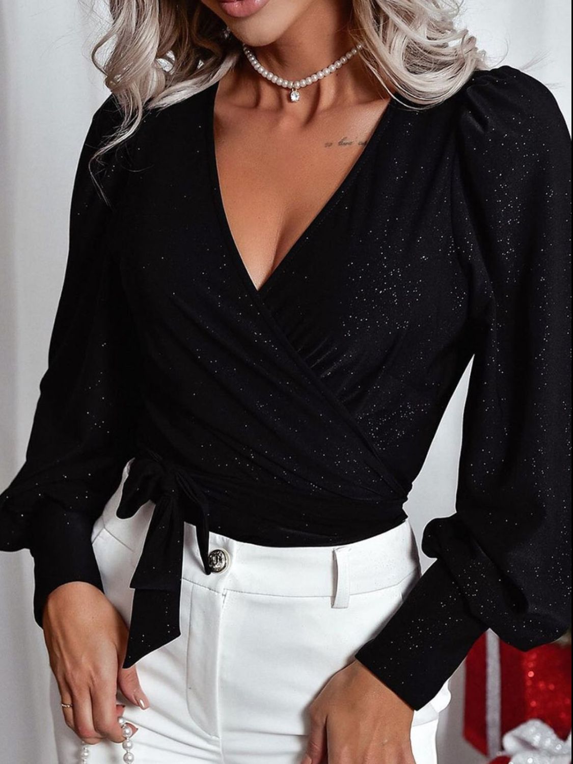 Glitter Surplice Long Sleeve Blouse