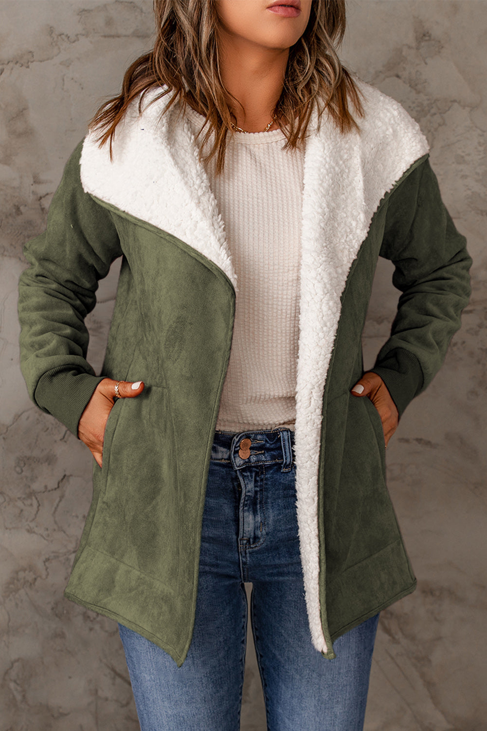 Open Front Long Sleeve Sherpa Jacket with Pockets