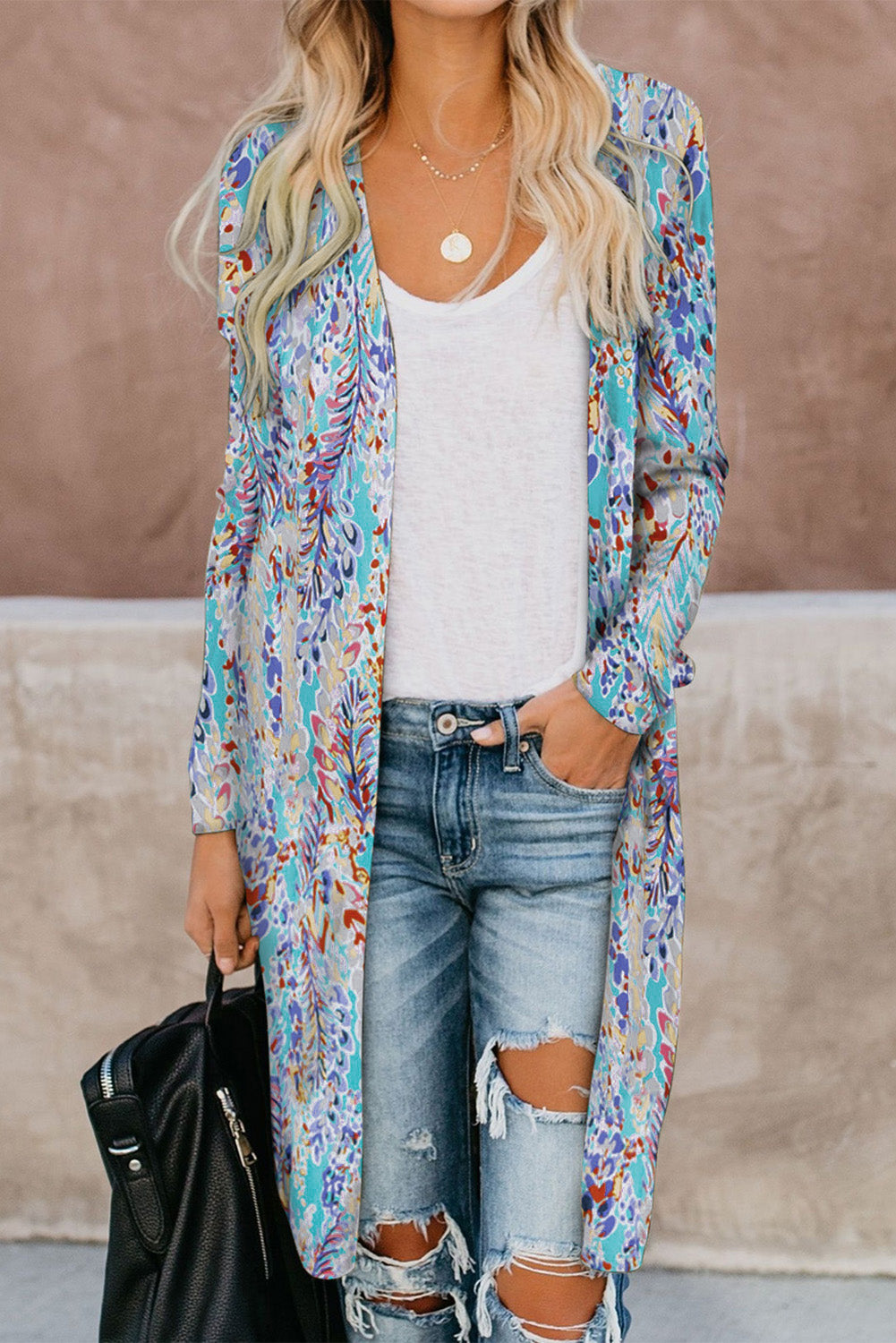 Printed Open Front Longline Cardigan