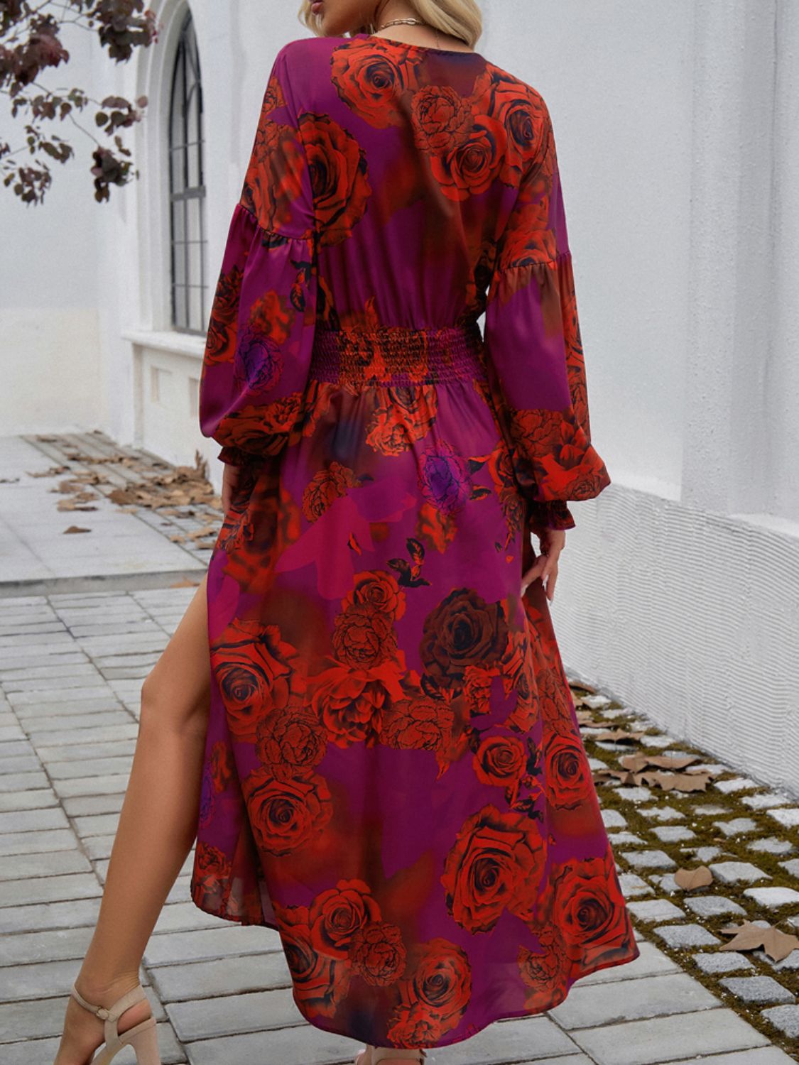 Devine Split Printed Surplice Long Sleeve Midi Dress