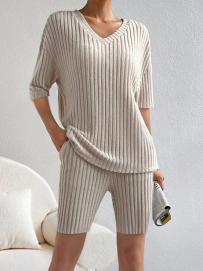 Ribbed V-Neck Top and Shorts Set