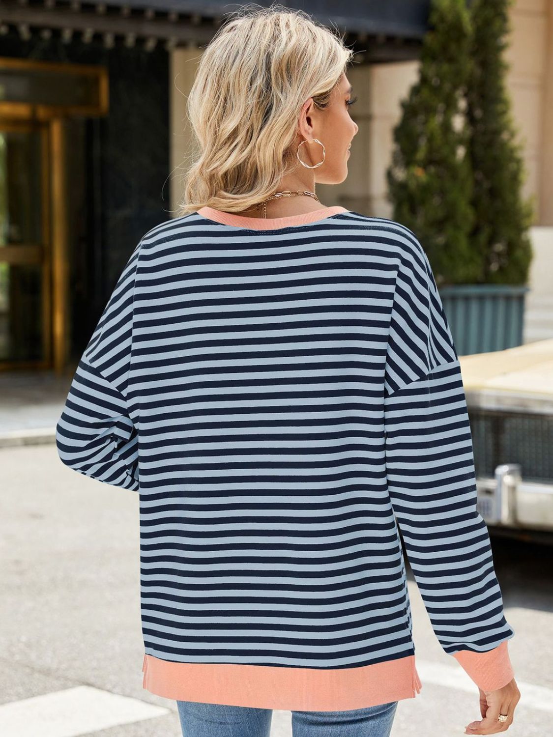 Slit Striped Round Neck Long Sleeve Sweatshirt