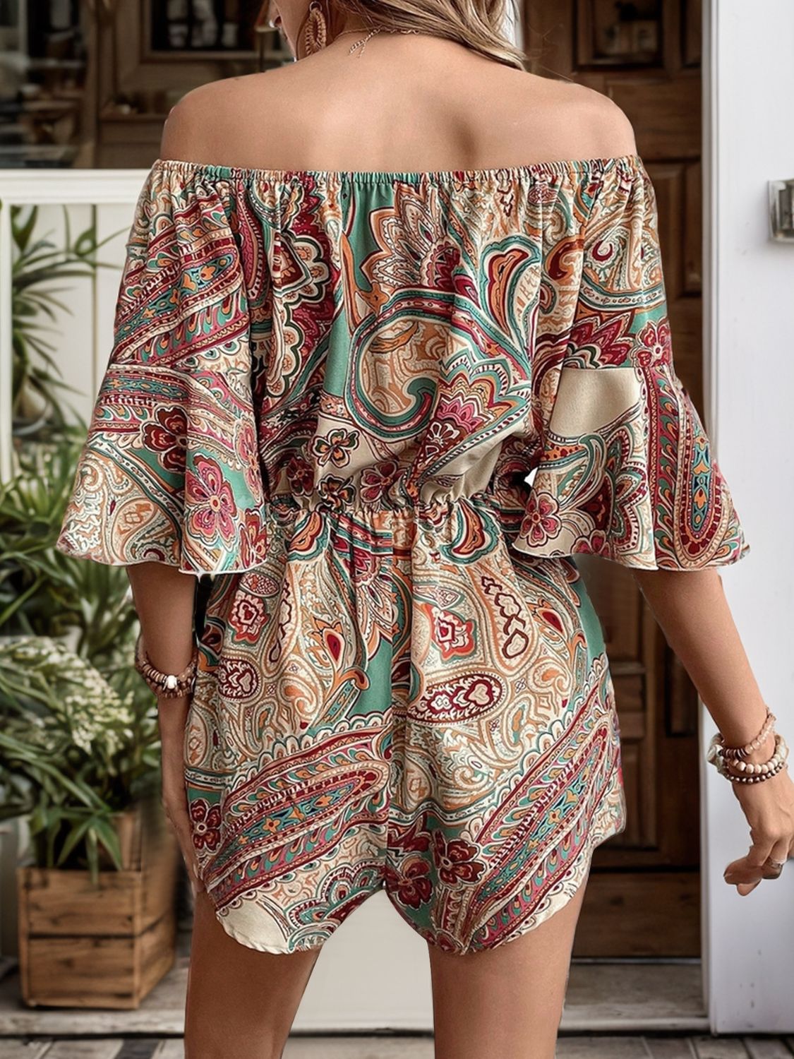 Printed Off Shoulder Half Sleeve Romper