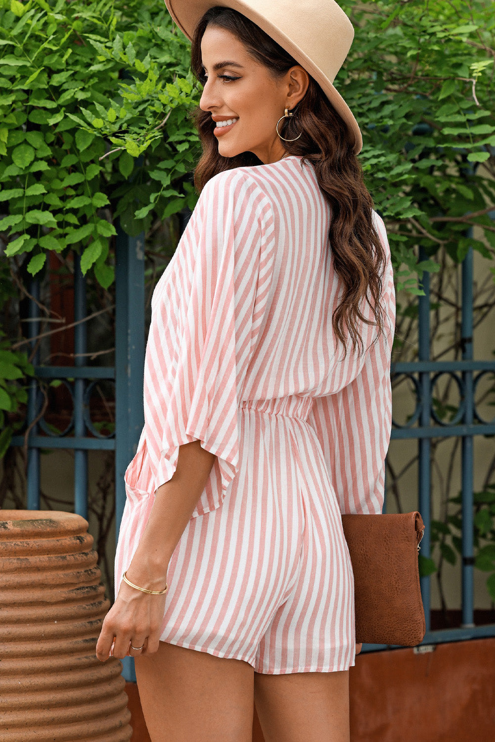 Bow Striped Kimono Sleeve Romper