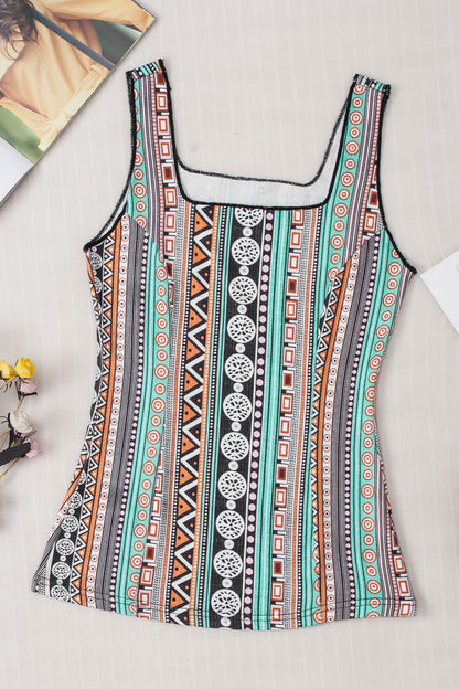 Printed Square Neck Wide Strap Tank