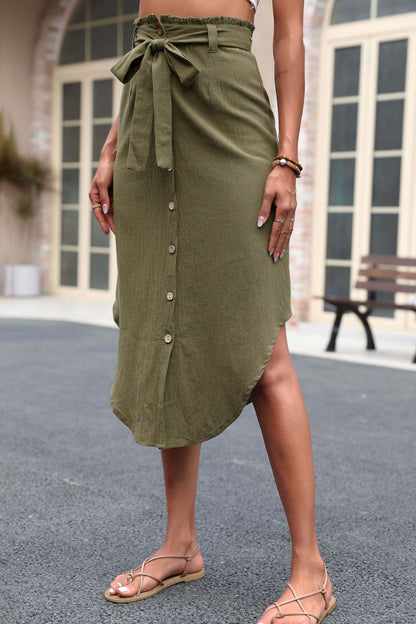 Tie Belt Frill Trim Buttoned Long Khaki Skirt