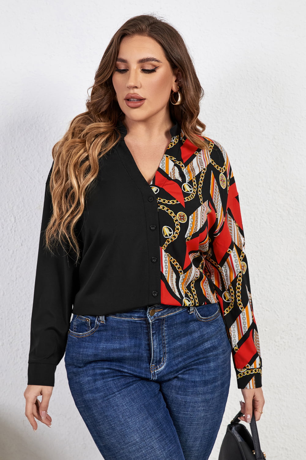 Plus Size Contrast Color Notched Neck Shirt