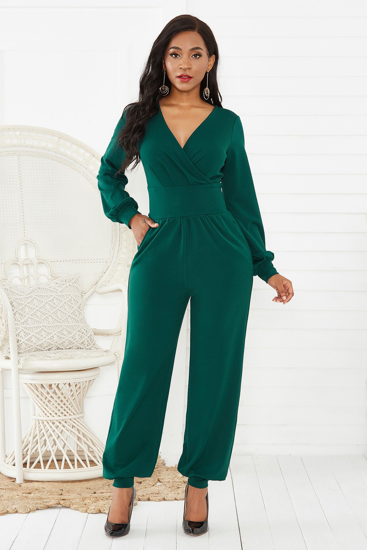 Gathered Detail Surplice Lantern Sleeve Jumpsuit