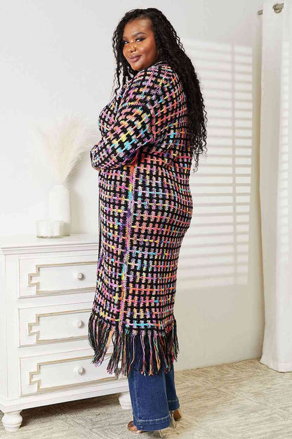 Crochet Knit Multicolored Open Front Fringe Cardigan