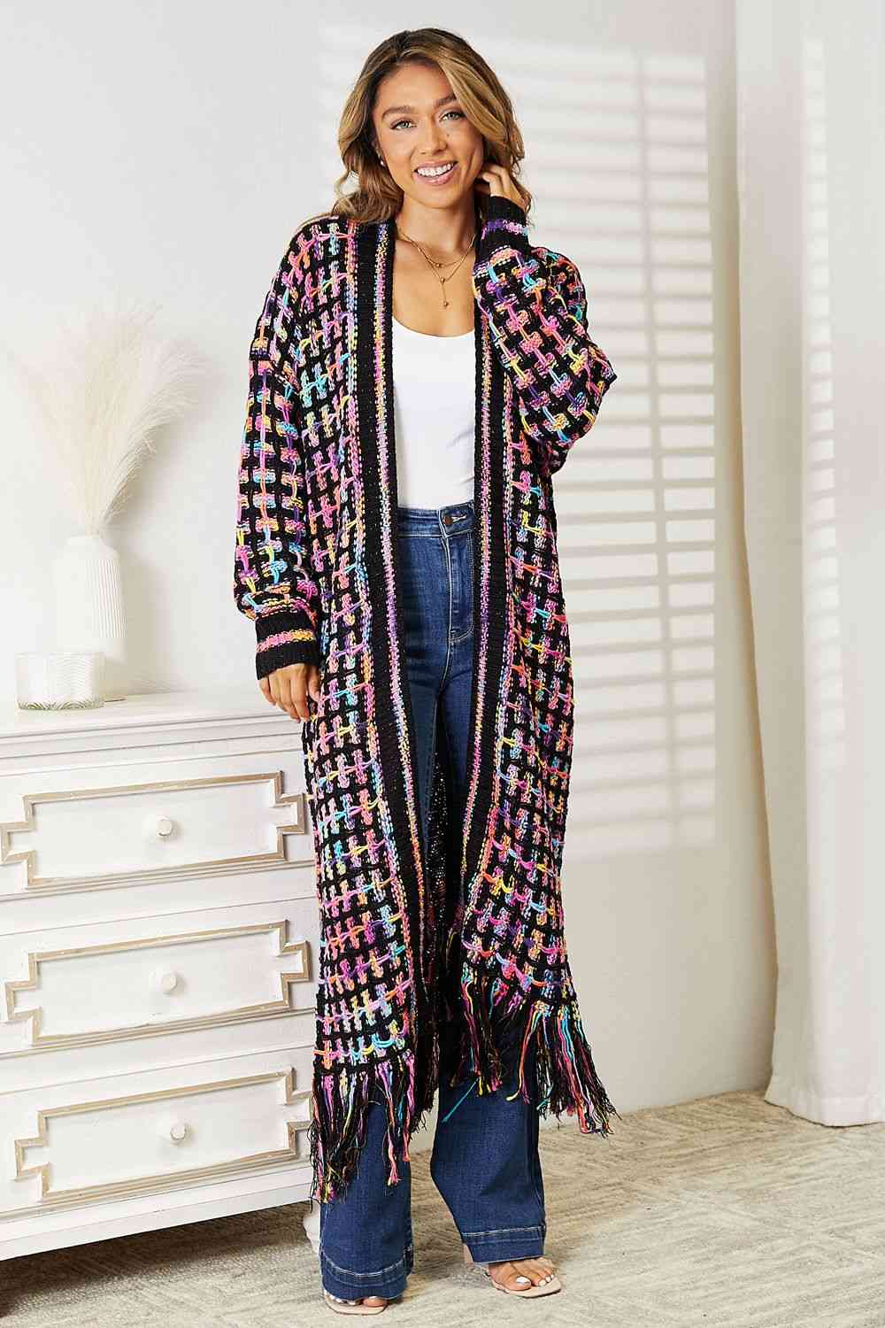 Crochet Knit Multicolored Open Front Fringe Cardigan