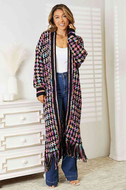 Crochet Knit Multicolored Open Front Fringe Cardigan