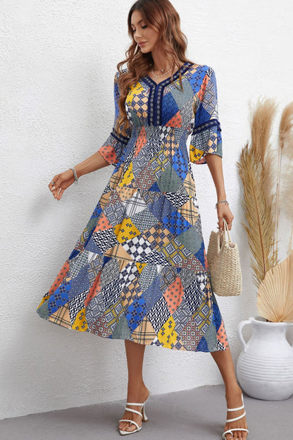 Patchwork V-Neck Tiered Midi Dress