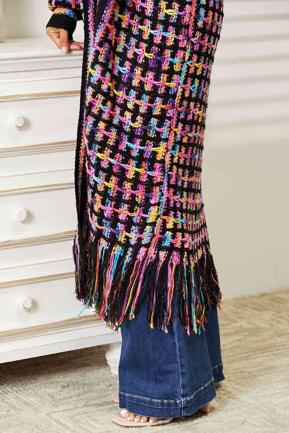 Crochet Knit Multicolored Open Front Fringe Cardigan