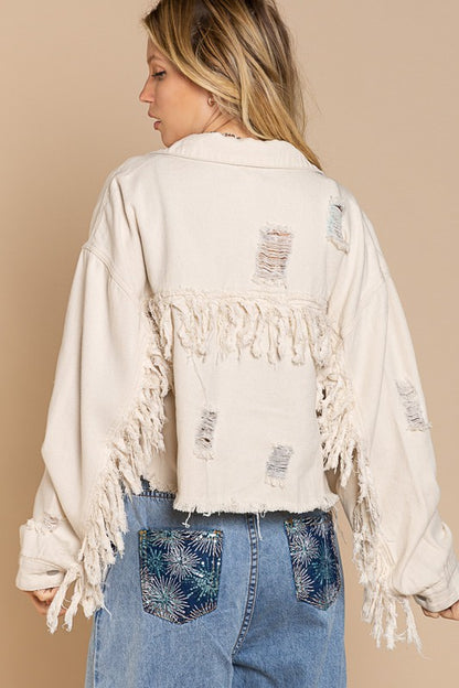 POL Fringe Distressed Crop Denim Jacket