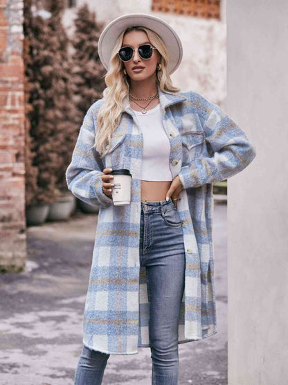 Plaid Dropped Shoulder Slit Coat