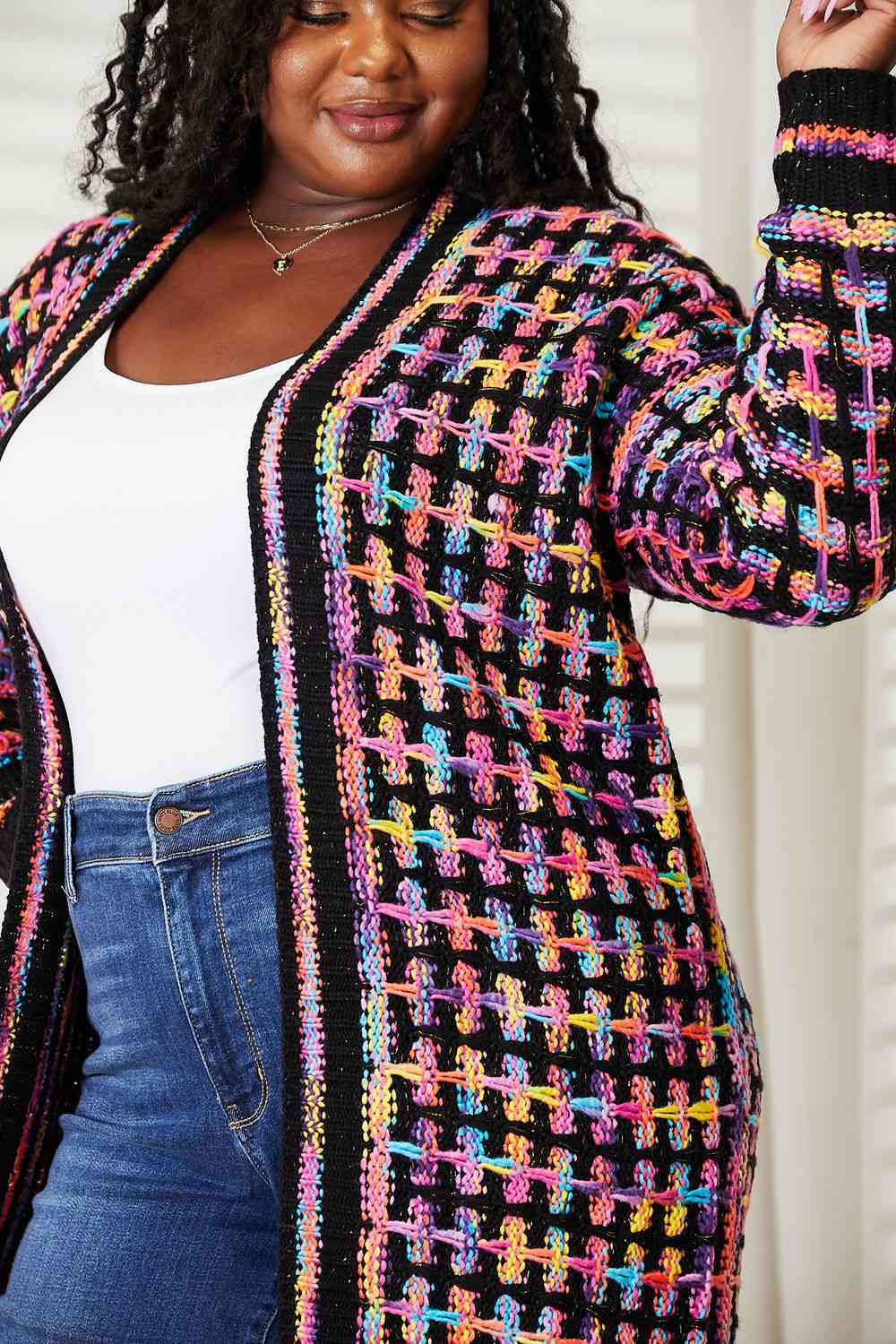 Crochet Knit Multicolored Open Front Fringe Cardigan