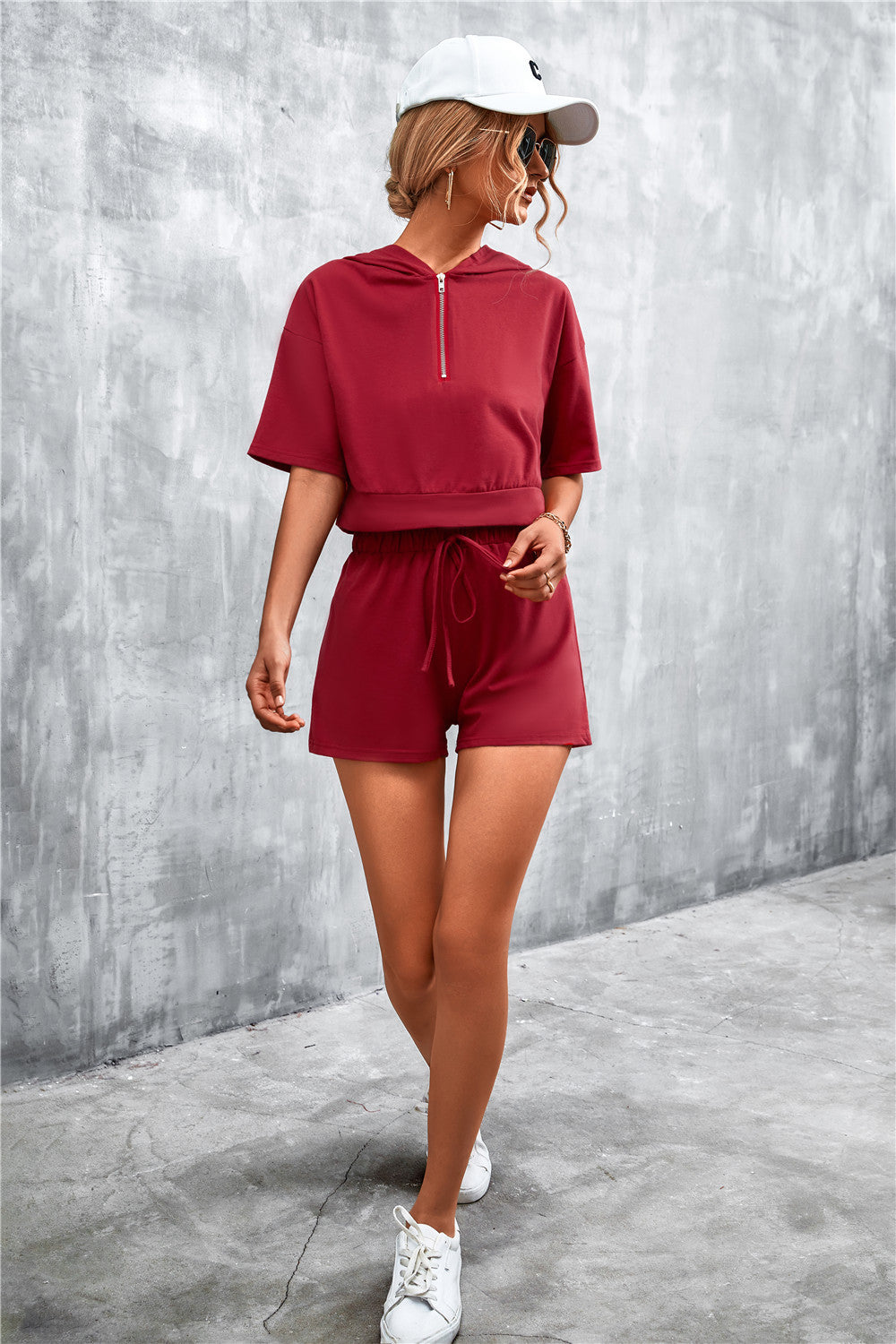 Half Zip Cropped Hooded T-Shirt and Shorts Set